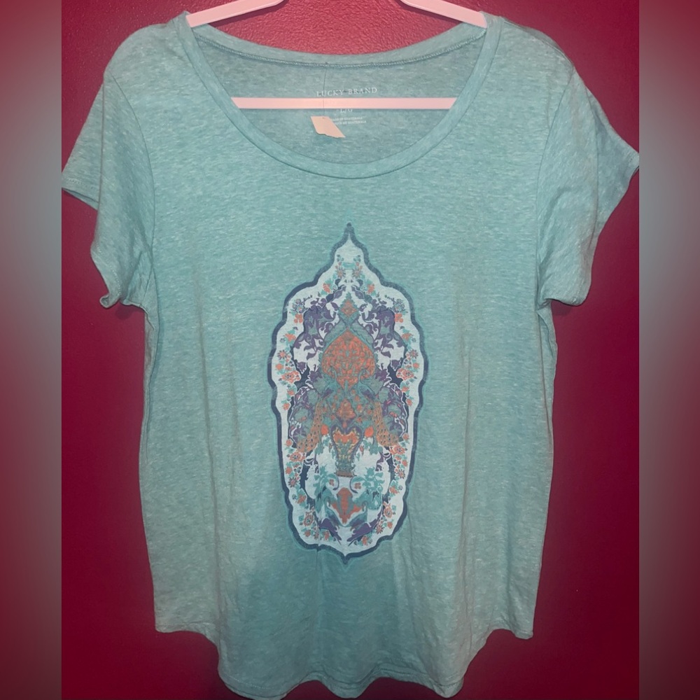 NWT Lucky Brand Boho T Shirt steal with purple and orange boho pattern Size L